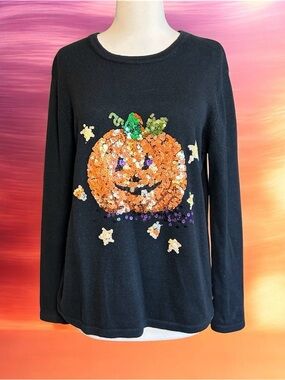 Peek A Boo Halloween Sequin Jack-o'-lantern Sweater Womens size Large